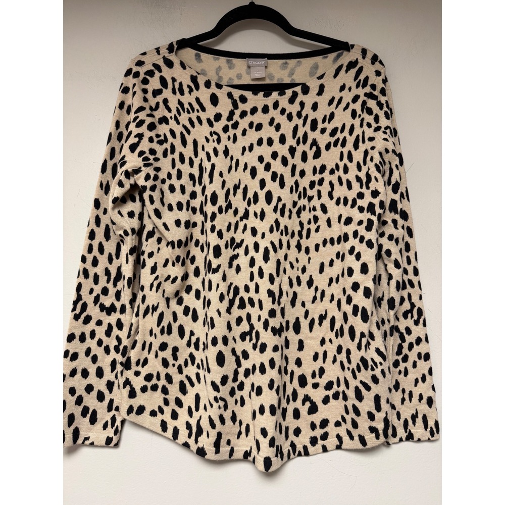 Chicos Leopard Print Long Sleeve Sweater Top Women Size 1 Beige Black